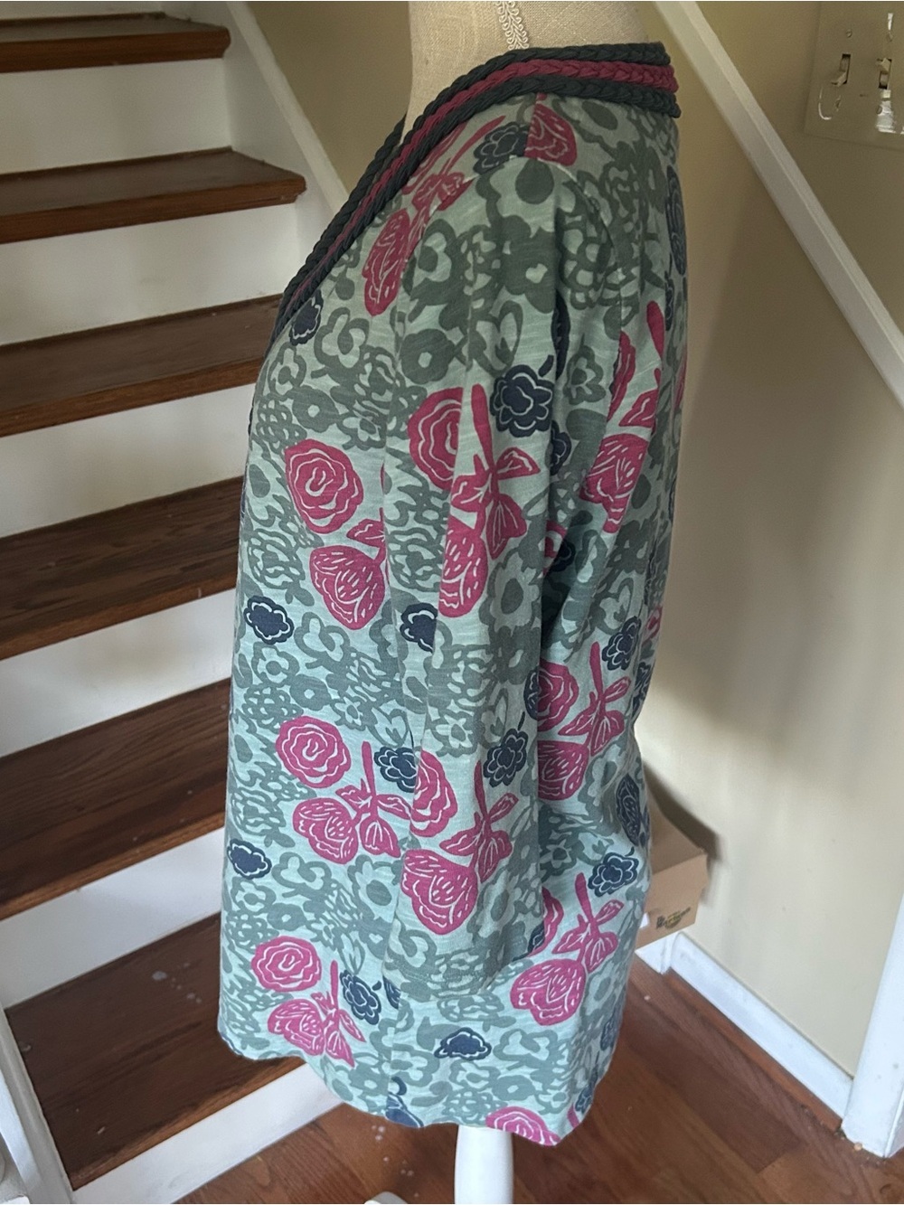 Boden Floral‎ Braided Neck Tunic Shirt Size 12 Multicolor Boho Cottagecore EUC - Picture 3 of 8